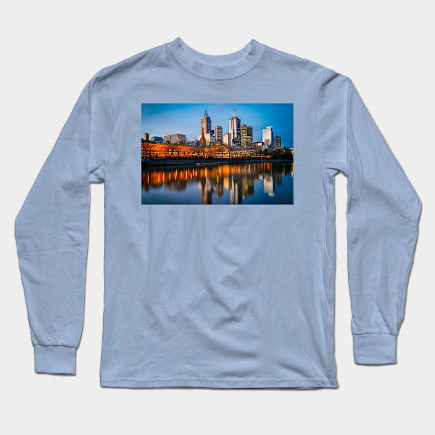 Blue Hour Melbourne Cityscape at Sunset Long Sleeve T-Shirt by Design A Studios